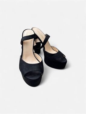 Black Platform Peep-Toe Heels with Ankle Strap - Women